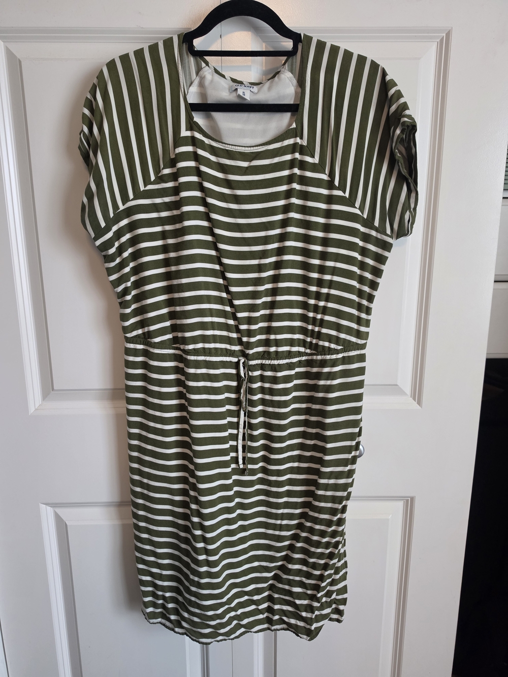 Old Navy Olive green and cream White Striped Drawstring short sleeve Midi Dress